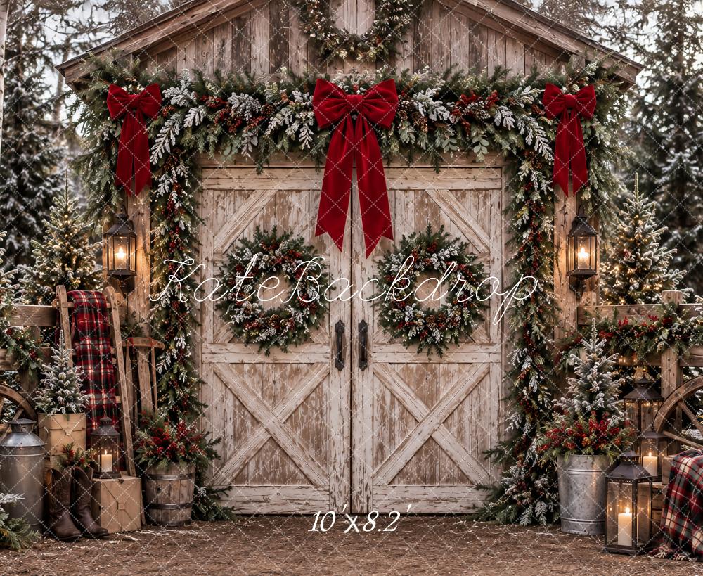 Kate Christmas Rustic Barn Door Snowy Garland Red Bows Printed Backdrop Designed by Ashley Paul