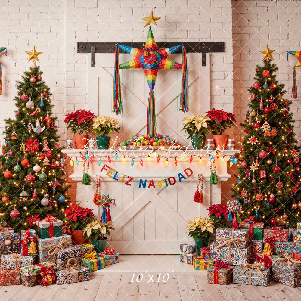 Kate Christmas Mexican Pinata Trees Gifts White Brick Wall Backdrop Designed by Emetselch