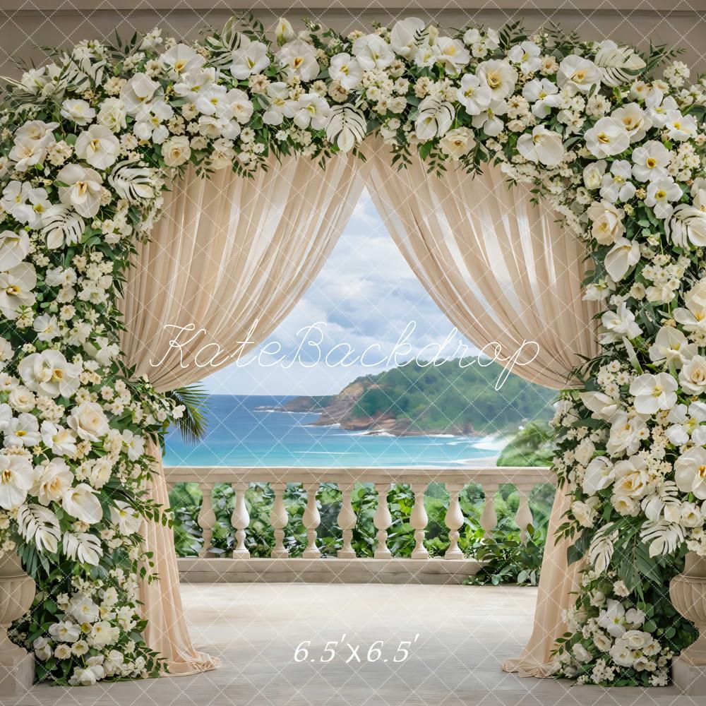Kate Summer Flower Arch White Floral Drapes Ocean View Printed Backdrop Designed by Mini MakeBelieve