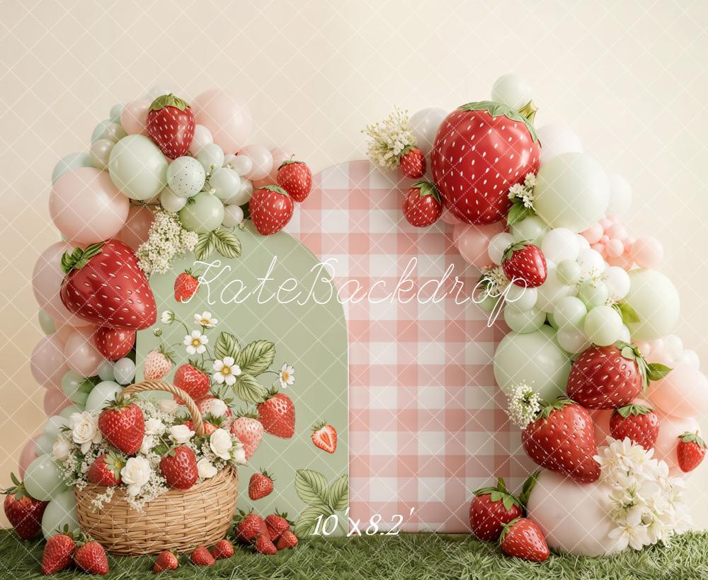 Kate Cake Smash Strawberry Balloon Arch Gingham Basket Flowers Backdrop Designed by Emetselch
