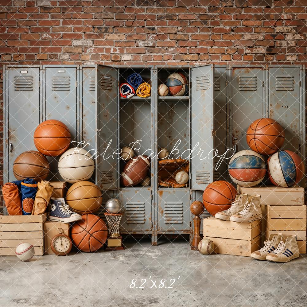 Kate Vintage Sports Locker Room Balls Lockers Brick Wall Sneakers Printed Backdrop Designed by Emetselch