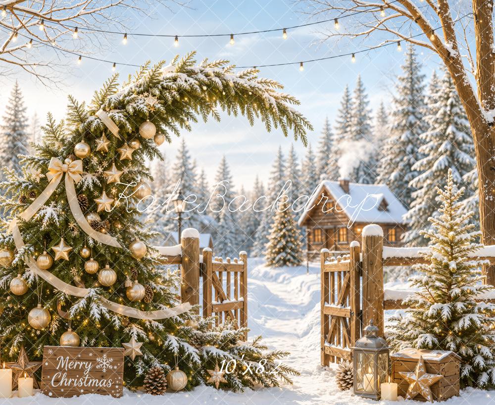 Kate Christmas Fantasy Snowy Tree Whimsical Gold Ornaments Cabin Gate Printed Backdrop Designed by Emetselch
