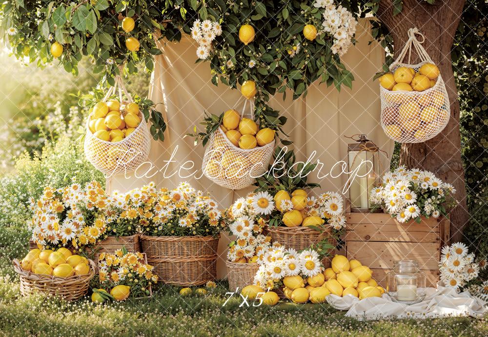 Kate Summer Lemons Baskets Daisy Flowers Picnic Garden Printed Backdrop Designed by Emetselch