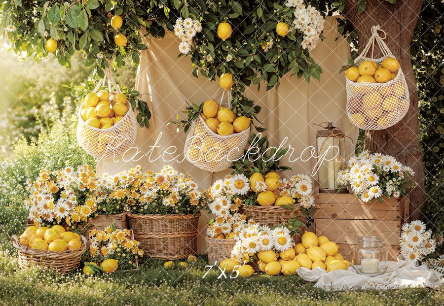 Kate Summer Lemons Baskets Daisy Flowers Picnic Garden Printed Backdrop Designed by Emetselch