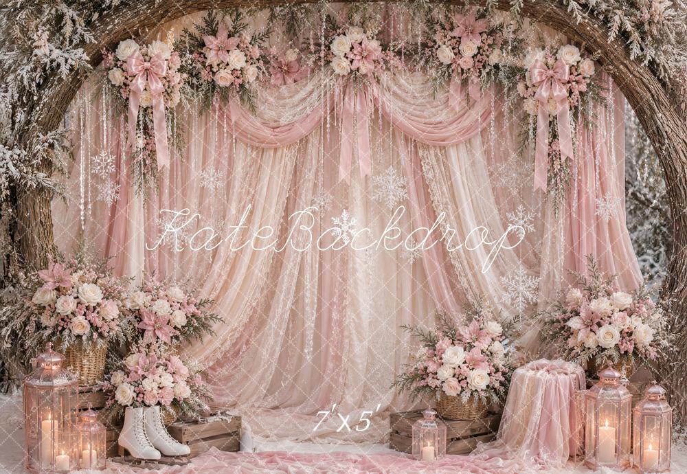Kate Christmas Winter Pink Lace Drapery Floral Branch Arch Printed Backdrop Designed by Ashley Paul