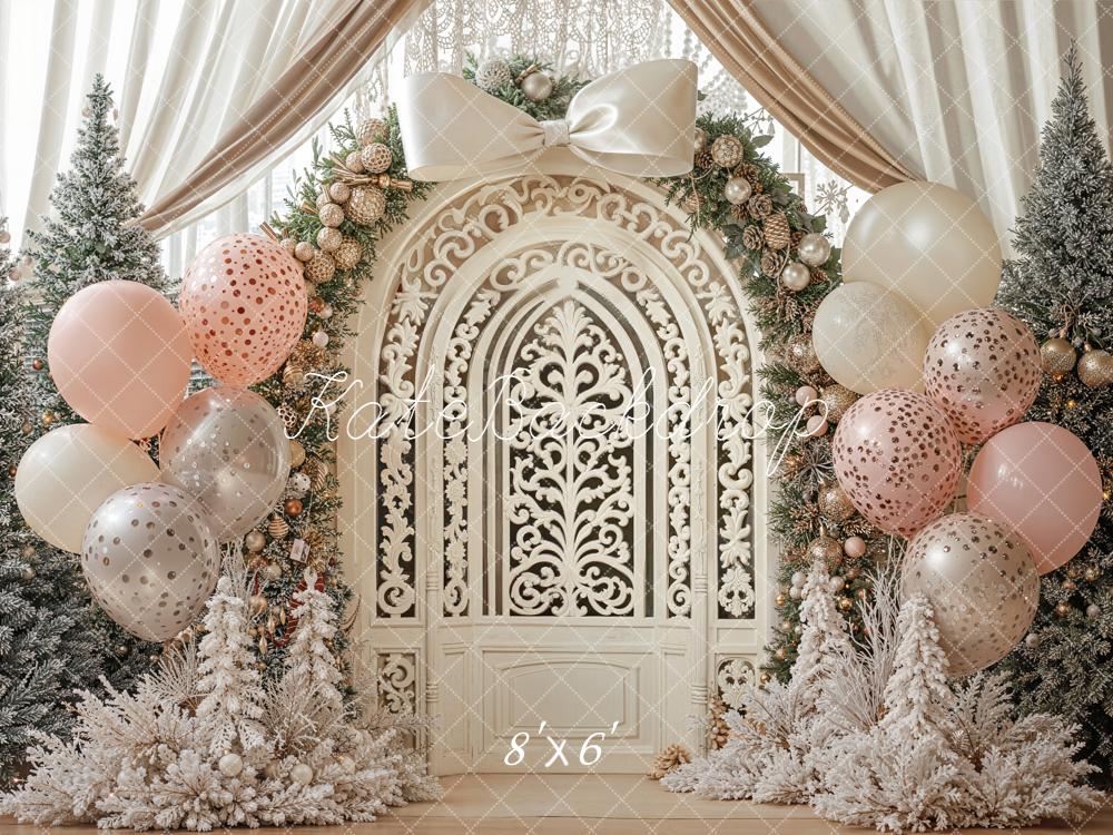 Kate Christmas Cream Vintage Door Balloon Arch Frosted Trees Backdrop Designed by Emetselch
