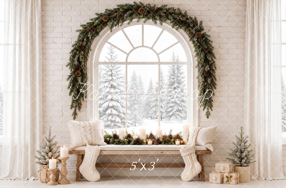 Kate Christmas Arched Window Cozy Bench Garland Snowy Forest Printed Backdrop Designed by Emetselch