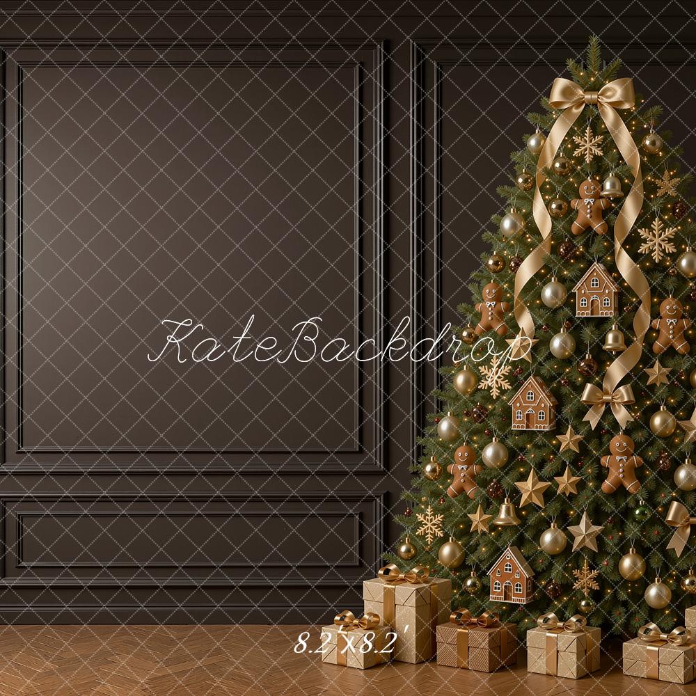 Kate Christmas Gingerbread Tree Gifts Black Paneled Wall Printed Backdrop Designed by Shutter Swan Studios