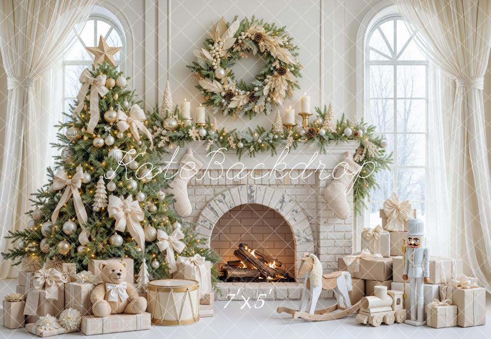 Kate Christmas Fireplace Tree White Bow Wreath Teddy Bear Printed Backdrop Designed by Mini MakeBelieve