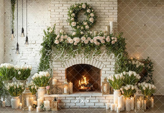 Kate Spring White Brick Fireplace Flower Arch Candles Greenery Printed Backdrop Designed by Emetselch