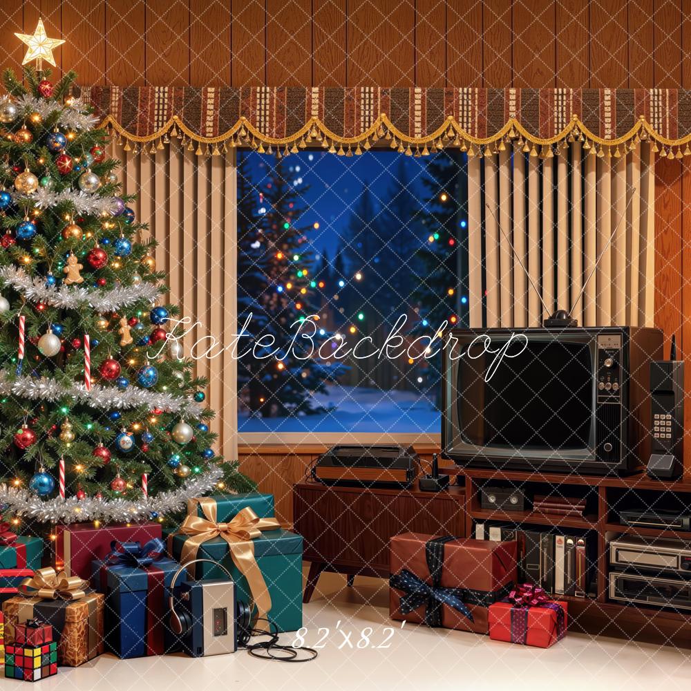 Kate Christmas 80s Retro Living Room TV Tree Gifts Printed Backdrop Designed by Mini MakeBelieve