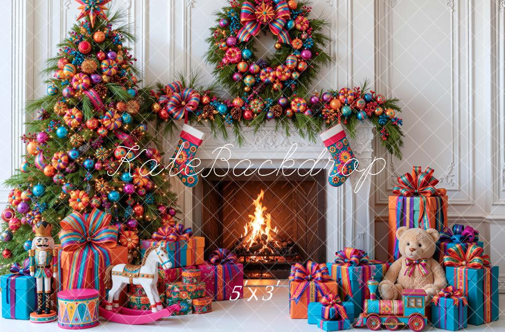 Kate Christmas Tree Fireplace Mexico Wreath Gifts Printed Backdrop Designed by Mini MakeBelieve