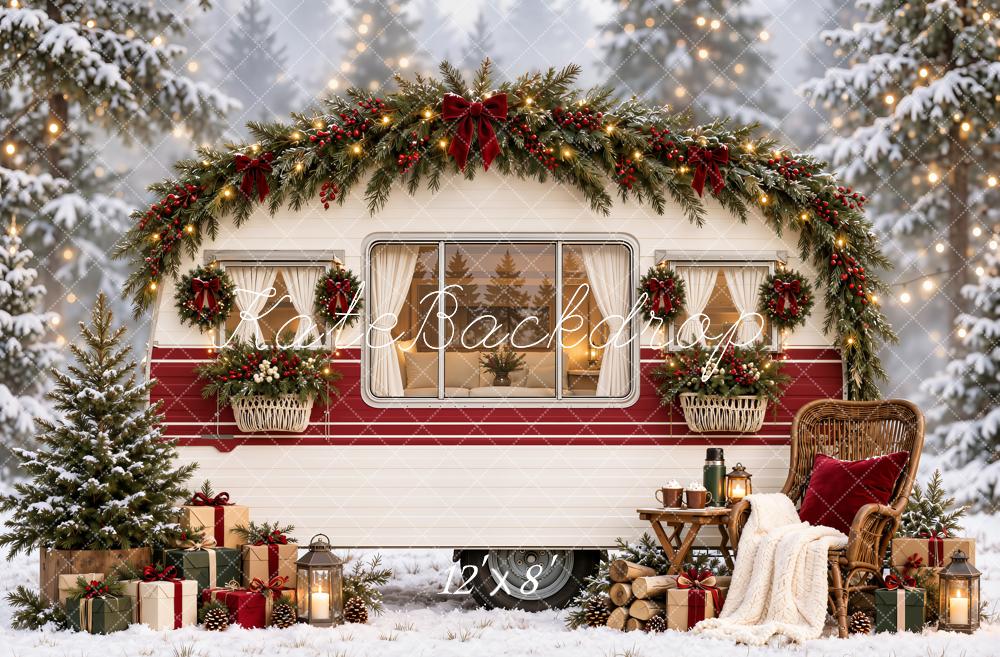 Kate Christmas Camper Snowy Forest Garland Tree Chair Printed Backdrop Designed by Emetselch