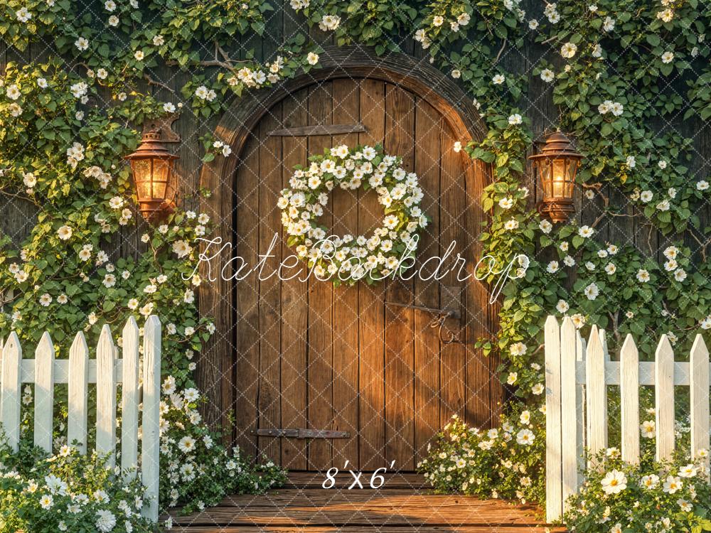 Kate Spring Wooden Door White Floral Wreath Garden Fence Backdrop Designed by Emetselch