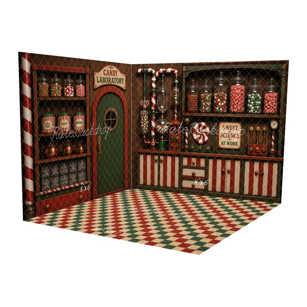 Kate Christmas Candy Cane Laboratory Cabinet Printed Backdrop Room Set