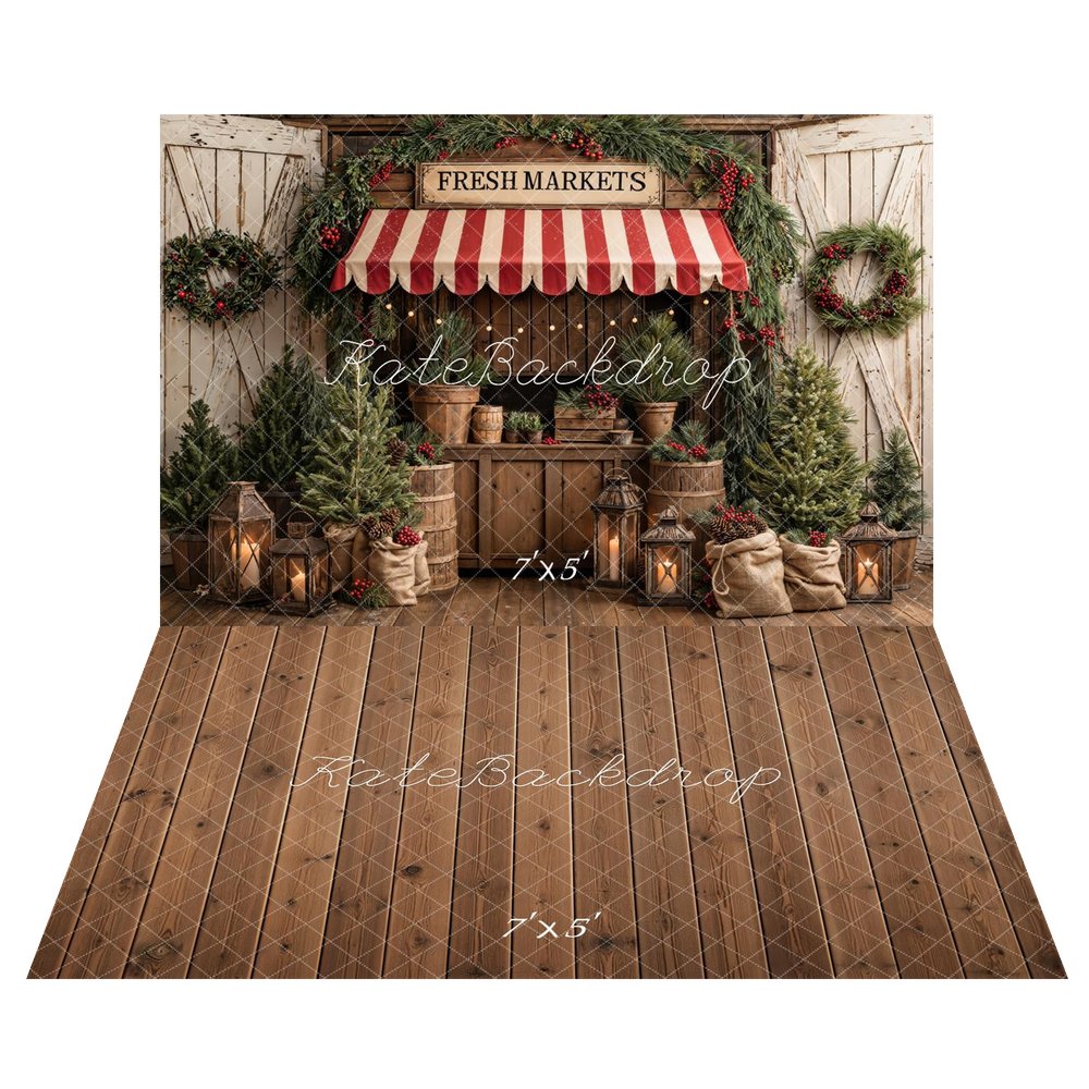 Kate Christmas Market Pine Trees Wreath Lanterns Barrels Printed Backdrop+Brown Wooden Plank Floor Printed Backdrop
