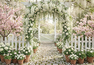 Kate Spring Flower Arch White Roses Cobblestone Path Garden Printed Backdrop Designed by Emetselch