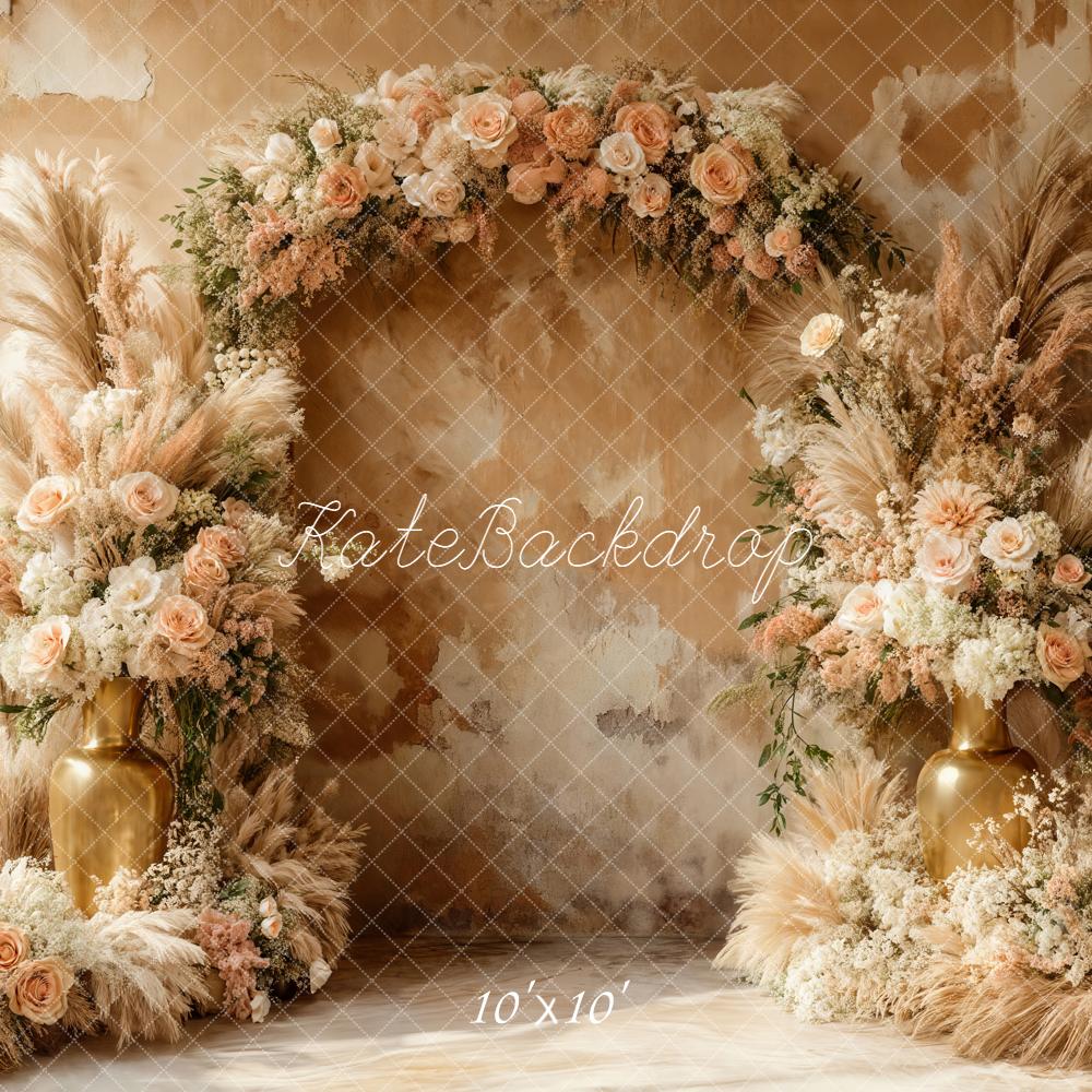 Kate Boho Flower Arch Pampas Grass Gold Vase Roses Backdrop Designed by Emetselch