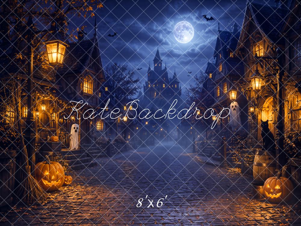 Kate Halloween Night Blue Moonlit Haunted Village Jack-O-Lanterns Printed Backdrop Designed by Chain Photography