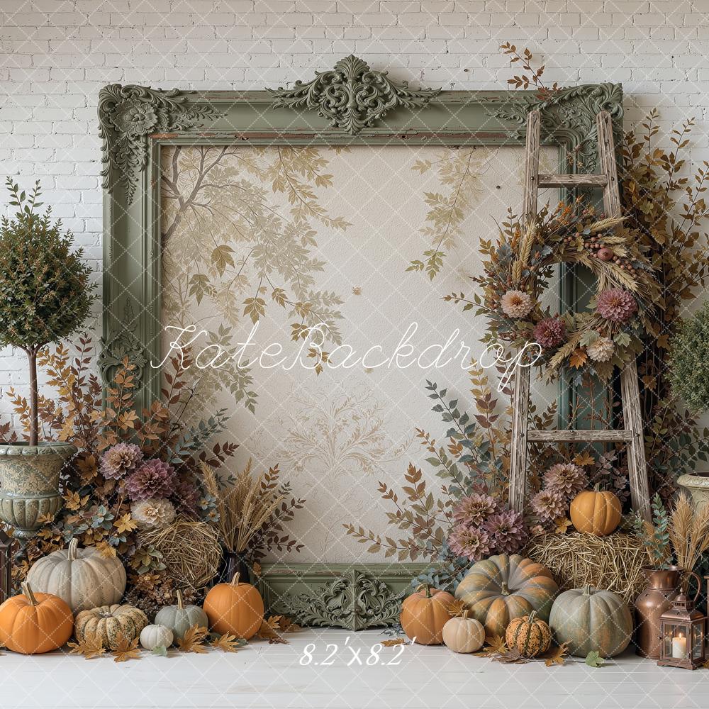 Kate Fall Pumpkin Lantern Wreath Ladder Vintage Frame The Forgotten Copiary Printed Backdrop Designed by Ashley Ward