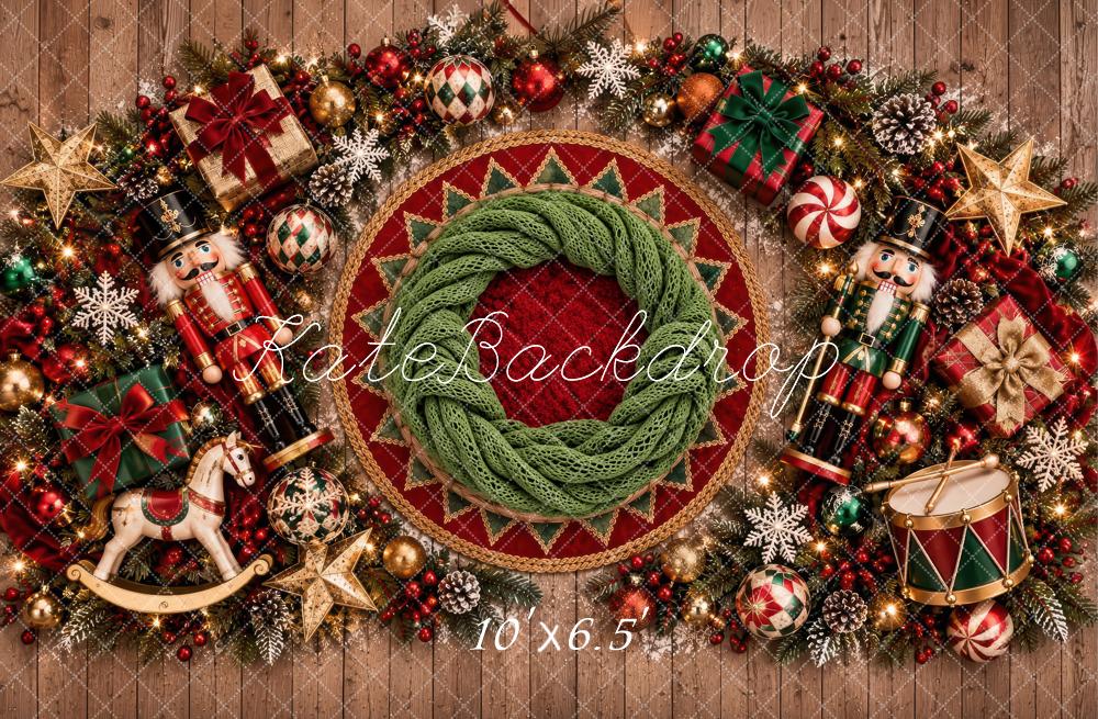 Kate Christmas Newborn Nutcracker Wreath Garland Red Green Printed Backdrop Designed by Laura Bybee