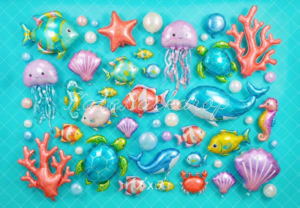 Kate Under the Sea Fish Turtle Shell Coral Balloons Blue Printed Backdrop Designed by Patty Roberts