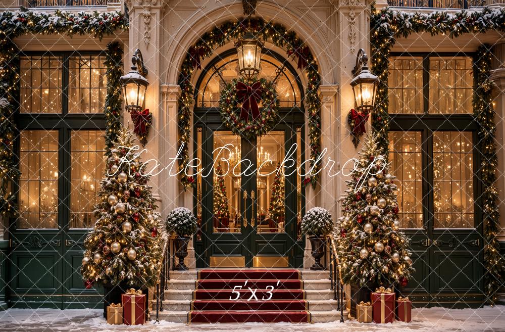 Kate Christmas City Snowy Grand Building Entrance Arch Wreaths Staircase Printed Backdrop Designed by Jordan Moon