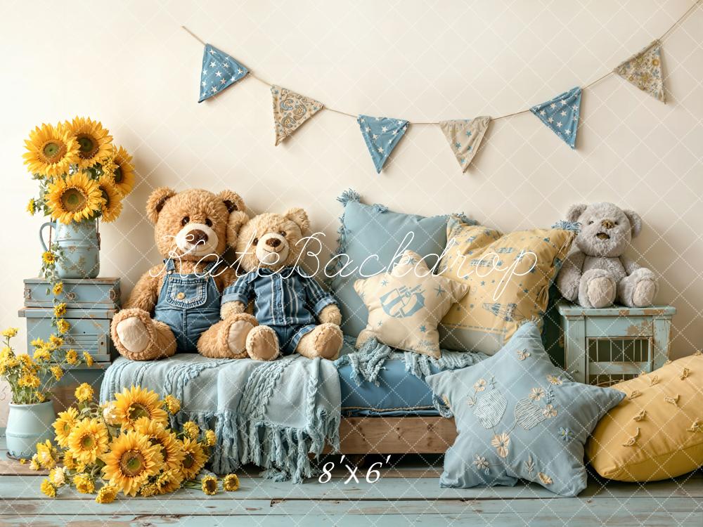 Kate Teddy Bears Sofa Sunflowers Blue Pillows Printed Backdrop Designed by Emetselch