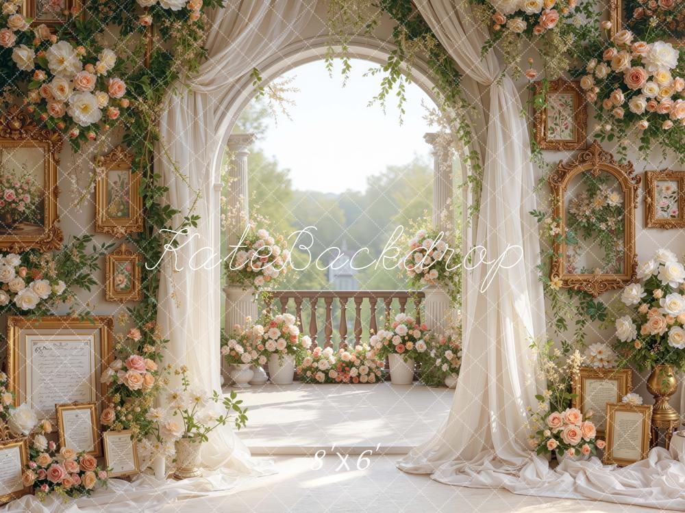 Kate Spring Elegant Drapes Flower Arch Ornate Terrace Printed Backdrop Designed by Mini MakeBelieve