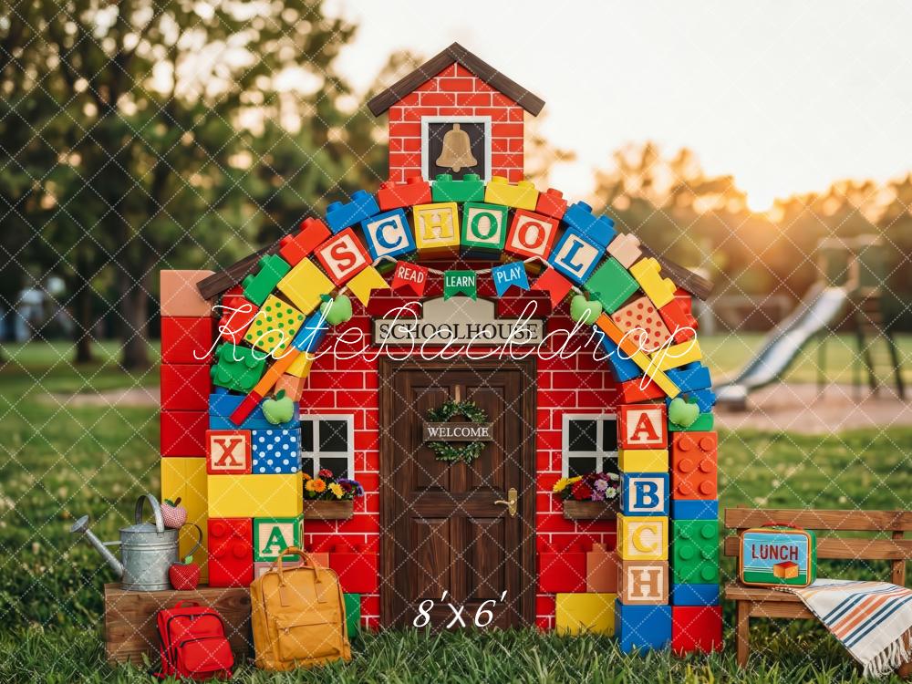 Kate Back To School Red Schoolhouse Building Blocks Playground Printed Backdrop Designed by Patty Roberts
