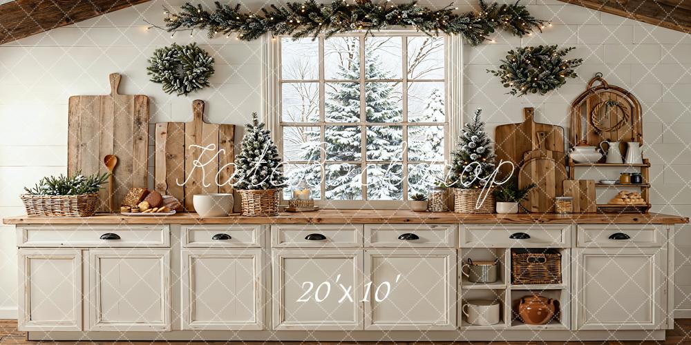 Kate Christmas Kitchen Window Garland Wreaths Rustic White Backdrop Designed by Emetselch