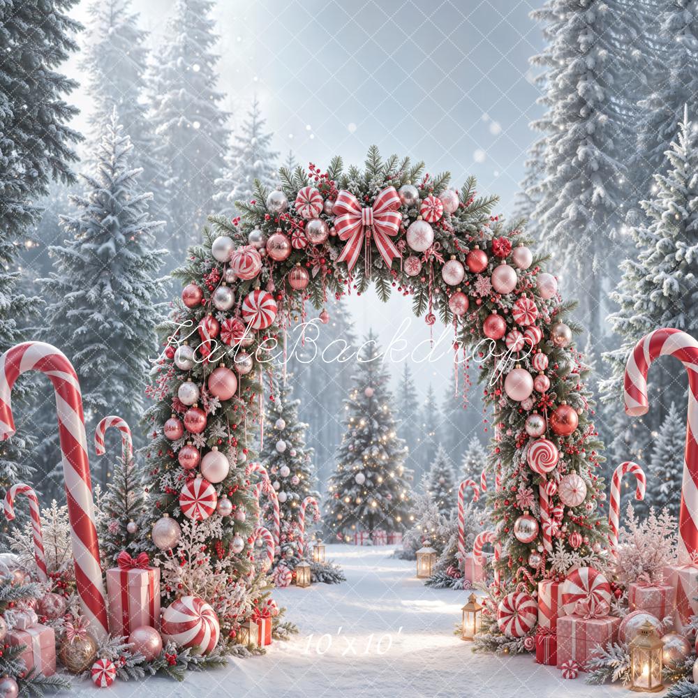 Kate Christmas Candy Arch Peppermint Gifts Snowy Forest Printed Backdrop Designed by Emetselch