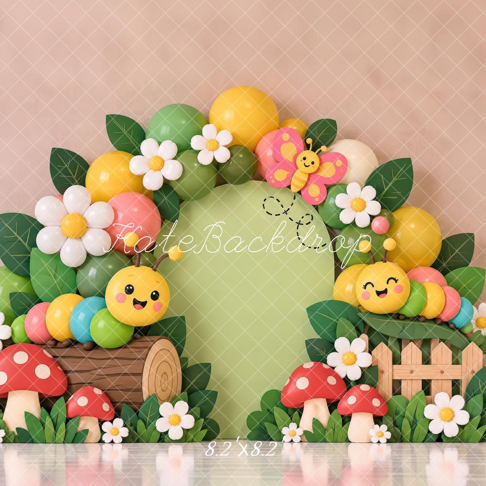 Kate Spring Cake Smash Garden Caterpillars Flowers Mushrooms Printed Backdrop Designed by Laura Bybee