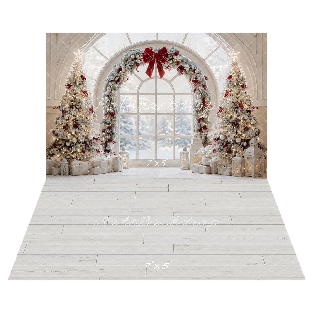 Kate Christmas Trees Arched Window Red Bow Garland Snowy Printed Backdrop+White Wood Plank Floor Printed Backdrop