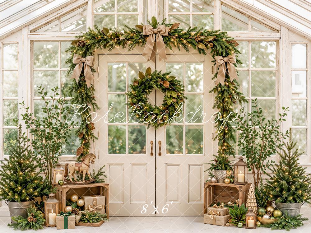 Kate Christmas Greenhouse Door Garland Evergreen Wreath Rustic Printed Backdrop Designed by Emetselch