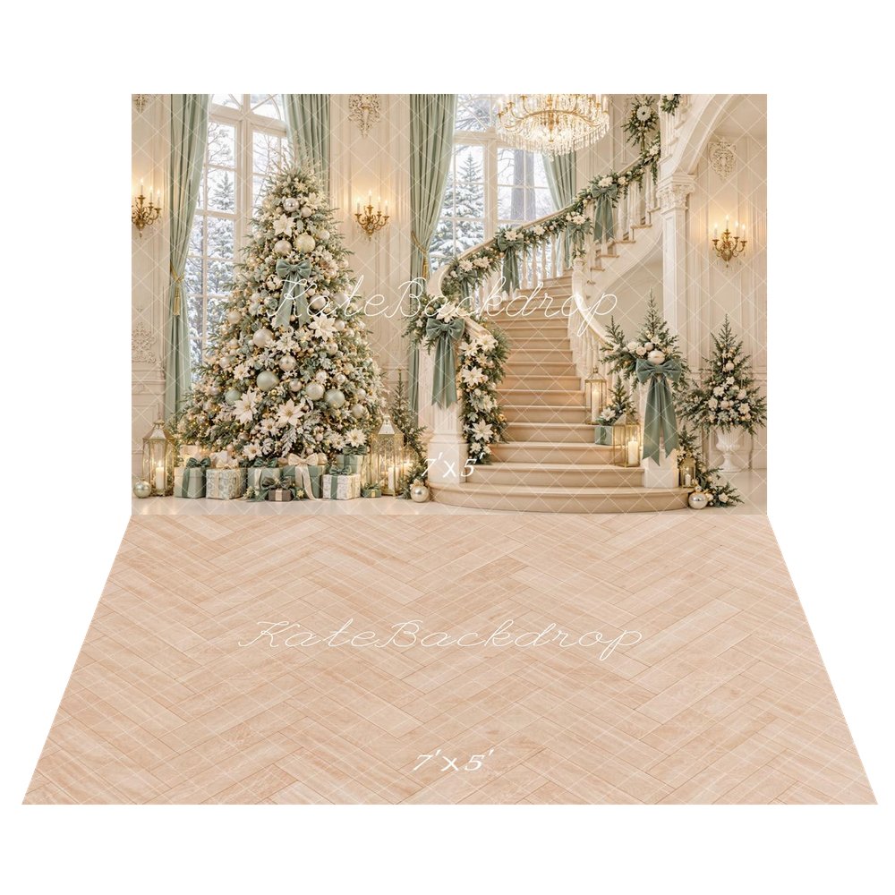 Kate Christmas Tree Staircase Garland Chandelier Printed Backdrop+Beige Herringbone Wood Texture Printed Backdrop
