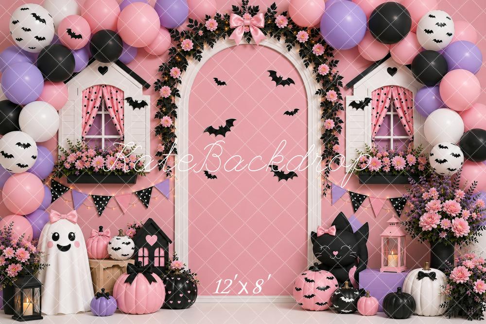 Kate Halloween Party Pink Balloon Floral Arch Cute Ghost Printed Backdrop Designed by Shutter Swan Studios