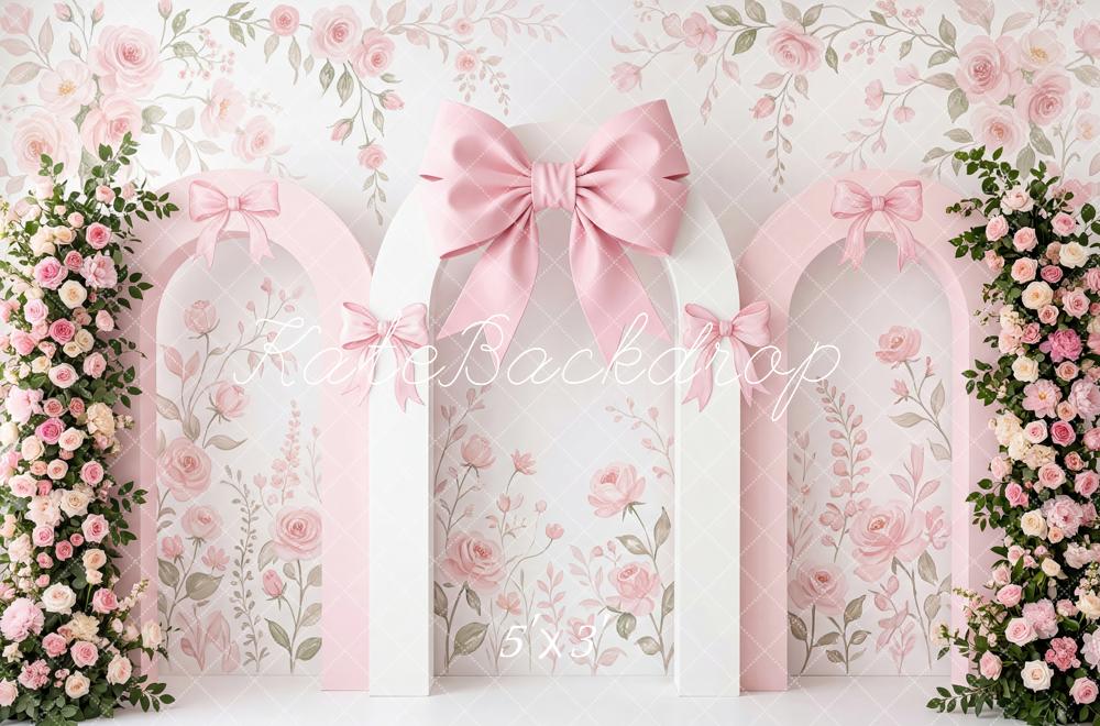 Kate Flower Arch Pink Roses Bows Floral Wall Printed Backdrop Designed by Patty Roberts