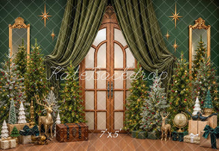 Kate Christmas Trees Green Draped Door Gifts Printed Backdrop Designed by Mini MakeBelieve