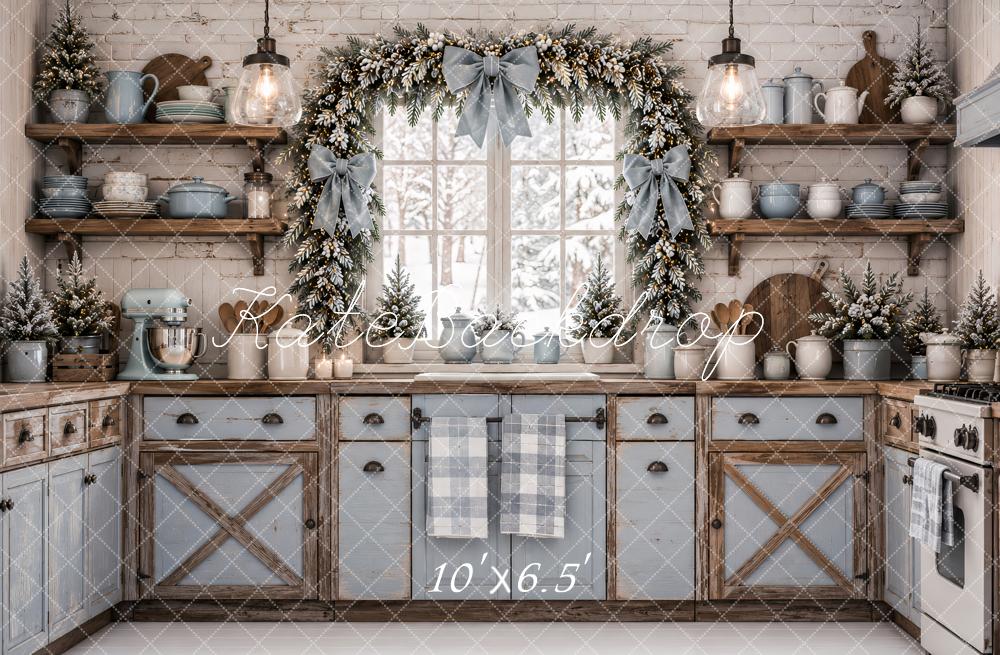 Kate Christmas Kitchen Blue Cabinet Garland Rustic Snow Printed Backdrop Designed by Ashley Paul