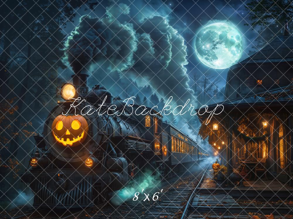 Kate Halloween Haunted Train Station Pumpkin Lantern Moon Printed Backdrop Designed by Emetselch