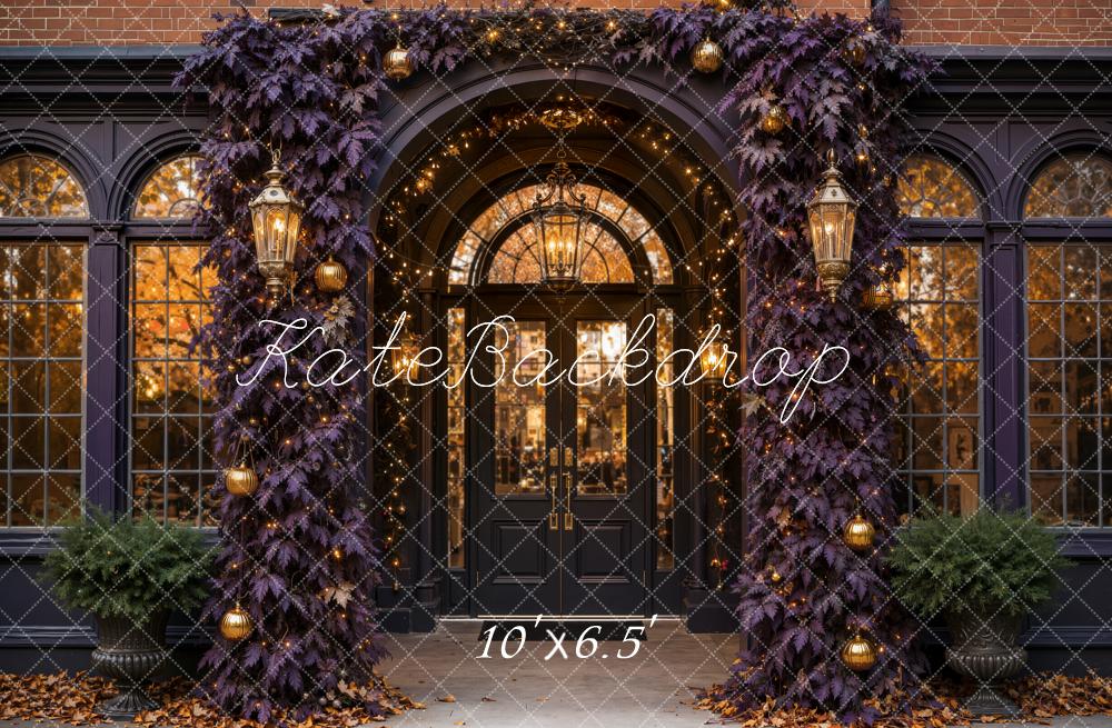 Kate Halloween Dark Purple Leaves Vintage Archway Entrance Printed Backdrop Designed by Emetselch