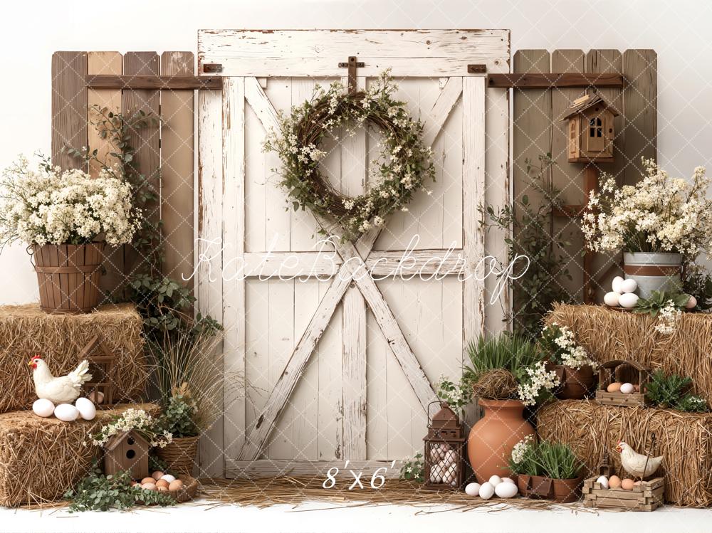 Kate Easter Rustic Barn Door Hay Bales Eggs Chickens Flowers Backdrop Designed by Emetselch