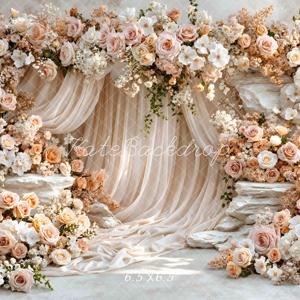 Kate Flower Arch Cream Roses Stone Drapes Printed Backdrop Designed by Mini MakeBelieve