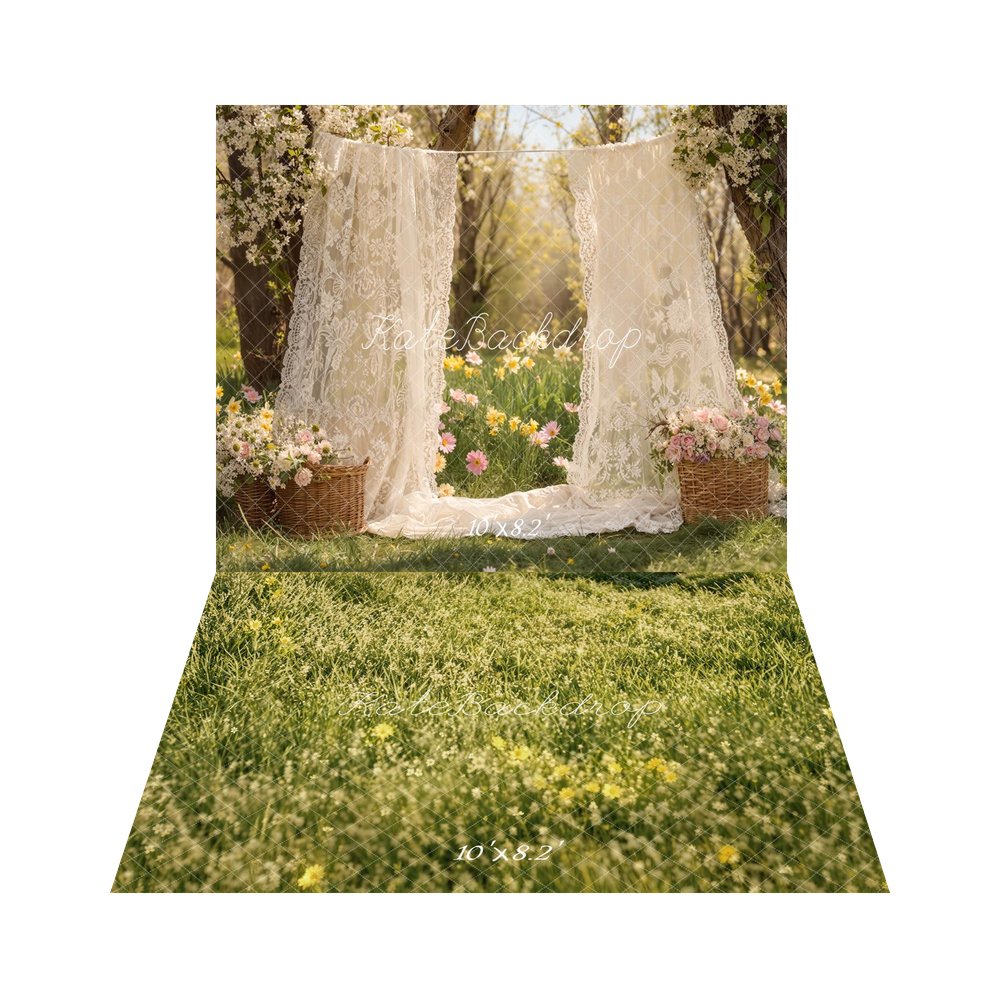 Kate Mother's Day Lace Curtains Flower Baskets Garden Printed Backdrop+Green Grass Meadow Printed Backdrop