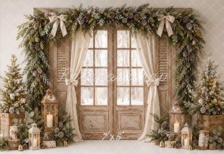Lightning Deal Kate Christmas Rustic Window Door Pine Garland Lantern Trees Printed Backdrop Designed by Emetselch