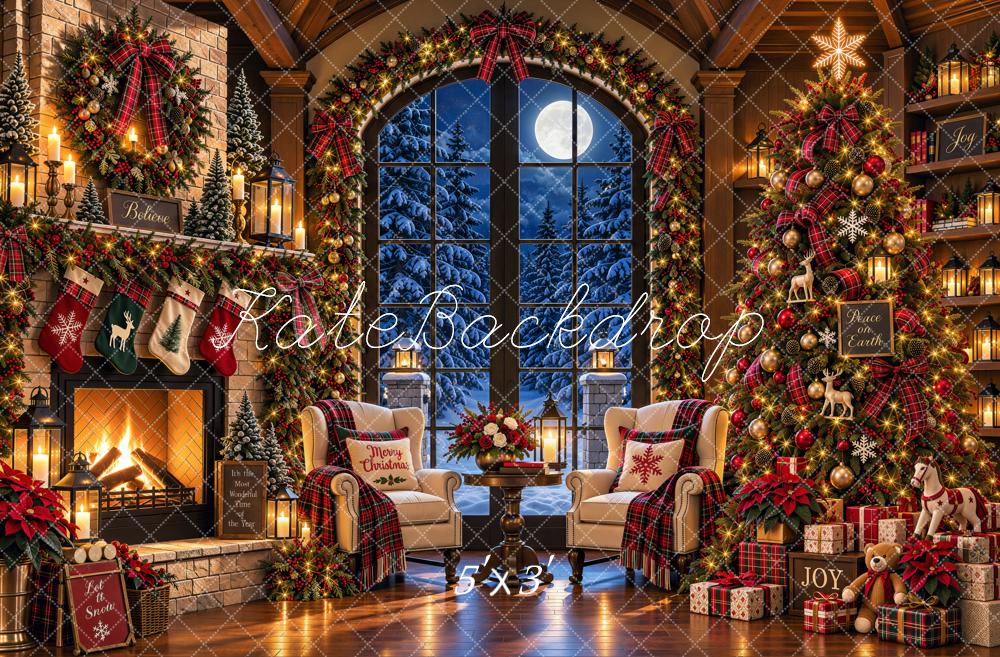 Kate Christmas Cozy Fireplace Christmas Tree Window Moonlit Printed Backdrop Designed by Shutter Swan Studios