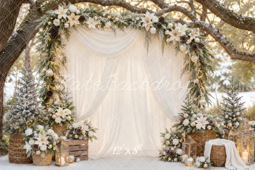 Kate Christmas White Drapes Floral Garland Lantern Arch Printed Backdrop Designed by Emetselch