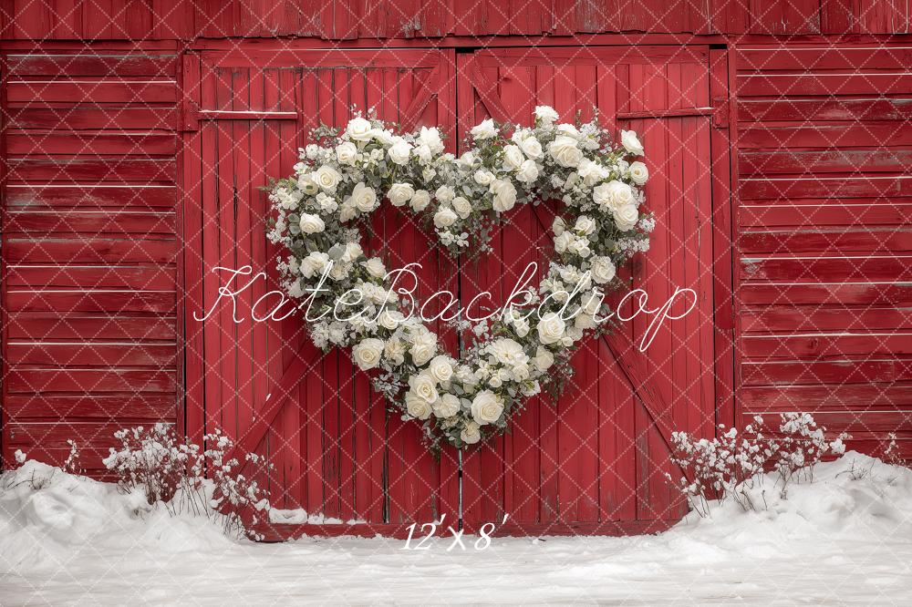 Kate Valentine's Day Heart Flower Wreath Red Barn Snow Backdrop Designed by Angela Miller