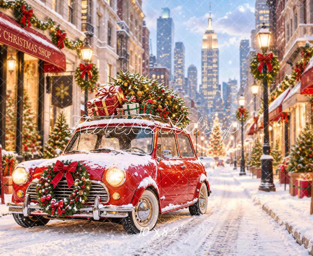 Kate Christmas Snowy City Street Red Car Shop Printed Backdrop Designed by Emetselch